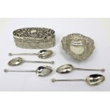 A small group of variously hallmarked silver items comprising a pierces heart-shaped pin/trinket