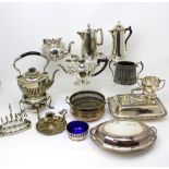 A quantity of silver plate to include a spirit kettle, various Walker and Hall pieces etc.