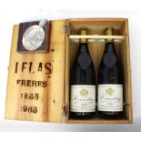 Two cased bottles of Delas Frères Hermitage 1982 red wine, Cuvée Marquise de la Tourette,