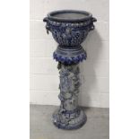 A late 19th century Westerwald German salt glazed blue and grey jardinière and stand,