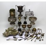 A quantity of plated ware to include rose bowls, toast rack, various trophies, bowls etc.