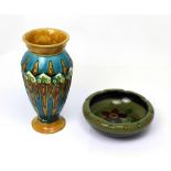 A Minton Secessionist baluster vase, turquoise ground with mustard, green and cream decoration,