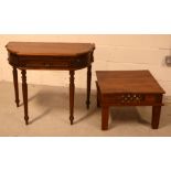 A 20th century demi-lune hall table with cut fretwork frieze on tapering fluted supports,