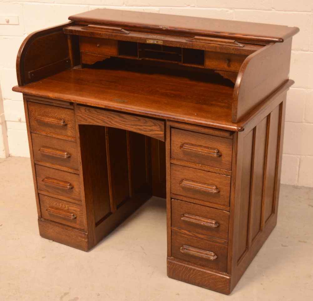 An early 20th century oak roll-top pedestal desk, - Image 2 of 2