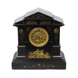 A Victorian black slate and gilt metal eight-day mantel clock fashioned as a Greek temple with
