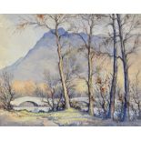 RL HOWEY (1900-1981); watercolour, rural riparian scene, with mountains to the background,
