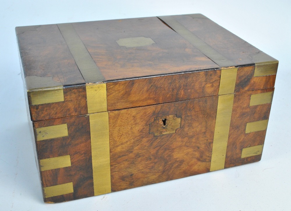 A Victorian walnut and brass bound writing slope, width 30cm.