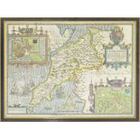 JOHN SPEEDE (sic); a 17th century and later hand coloured map of Caernarvon, 38 x 50cm,