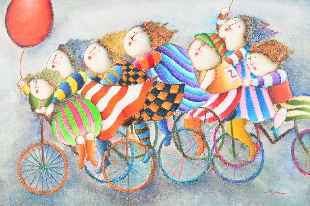 JOYCE ROYBAL (born 1955); oil on board, seven figures upon bicycles, signed, 61 x 91cm, framed. - Image 3 of 3