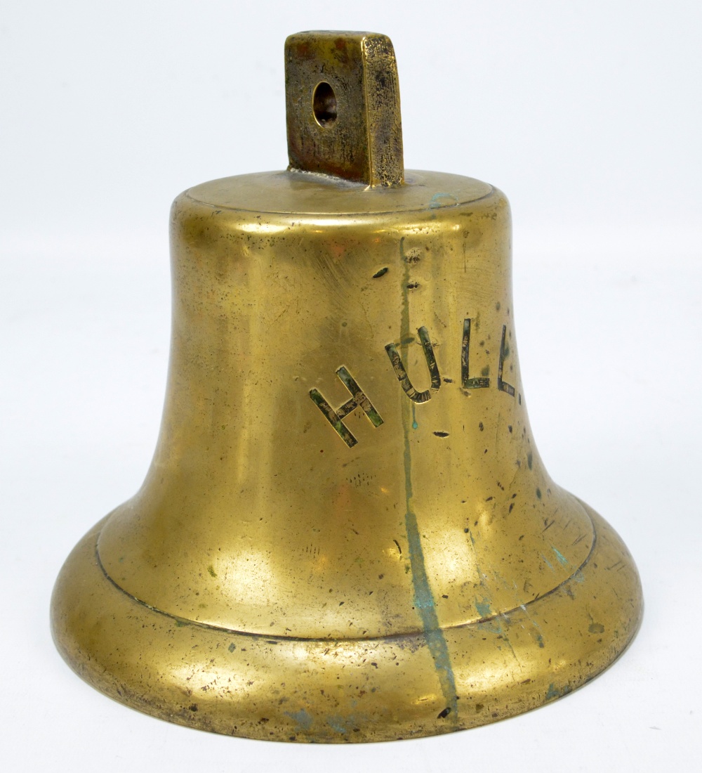 A bronze ships bell, inscribed 'Hull' (lacking clapper), height 20cm.