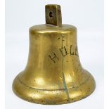 A bronze ships bell, inscribed 'Hull' (lacking clapper), height 20cm.