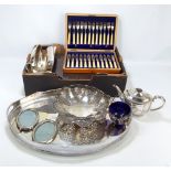 A group of electroplated items to include an oval galleried tray, two entree dishes,