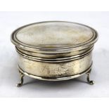 WALKER & HALL; a George V hallmarked silver trinket box with hinged lid and three cabriole supports,