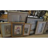 A group of seven watercolours depicting rural scenes with one still life, some signed,