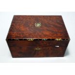 A Victorian yew wood work box with lacquered mother of pearl inset decorated corners and shaped