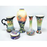 Five pieces of Old Tupton Ware ceramics comprising three vases, jug and hinged trinket box,