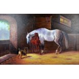 L WILLIAMS; oil on canvas, a stable scene with a horse, foal and dog, 59 x 89cm, framed.