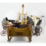 A group of five wooden framed doll's prams with fabric canopies, the longest 55cm,