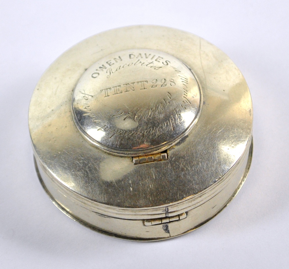 An early Victorian electroplated circular two compartment snuff box/ashtray,