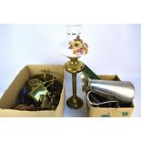 A quantity of metalware including a copper crocodile skin effect jug, a kettle,