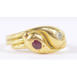 An 18ct yellow gold ring set with a diamond and a ruby, size O 1/2, approx 4g.