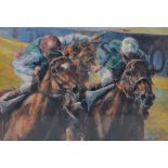 CLAIRE EVA BURTON; a signed limited edition print, jockeys on the final furlong, 40/495, 34 x 44cm,