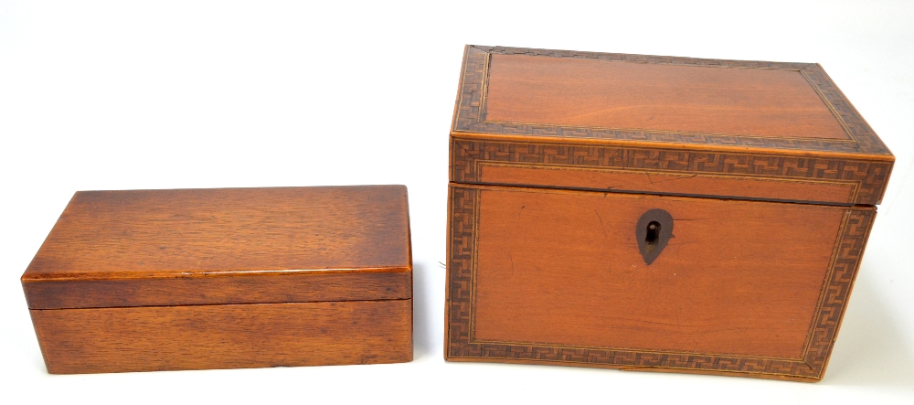 A late George III mahogany and geometrically inlaid two division tea caddy, width 19.