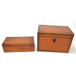 A late George III mahogany and geometrically inlaid two division tea caddy, width 19.