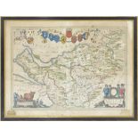 A 17th century and later hand coloured map of Cheshire, 37.5 x 49cm, framed and glazed.