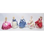 Five Royal Doulton figures; HN1834 'Top O'The Hill', HN2471 'Victoria', HN2336 'Alison',