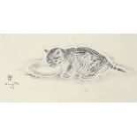 AFTER LEONARD TSUGUHARU FOUJITA (1886-1968); collotype, cat lapping milk from a bowl,