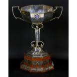 WALKER & HALL; a George V hallmarked silver twin handled trophy cup with pierced shaped stem,