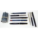 Five Parker fountain pens to include two with 14ct gold nibs, and a Sheaffer example,