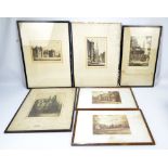 Six etchings depicting buildings in town and country settings to include examples after A Watson