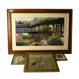 A large modern Chinese silk embroidery depicting garden bridge, 39 x 69cm,