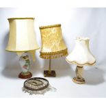 Three table lamps including a Chinese ceramic baluster example with painted decoration of roosters