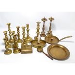 A small quantity of 19th century and later brass items to include four pairs of candlesticks and