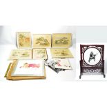 A quantity of Oriental pictures including a circular horse embroidery in a hardwood frame,