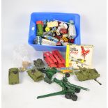 A quantity of diecast and plastic Dinky, Corgi and Matchbox vehicles including cars, trucks,