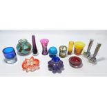 A small collection of coloured glass of varied size and form to include signed Mdina globular vase,