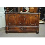 A Victorian walnut three panel headboard, the frame with satinwood inlay and burr finish,