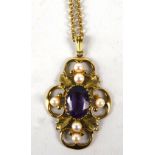 A Victorian 9ct yellow gold pendant set with an oval cut amethyst and cultured pearls, length 4cm,