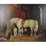 19TH CENTURY ENGLISH SCHOOL; oil on relined canvas, courtyard scene with horse and two dogs,