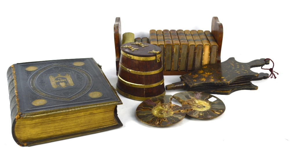 A late 19th century Scottish mahogany and brass bound salt box, a pair of fossil specimens,