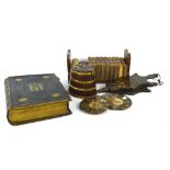 A late 19th century Scottish mahogany and brass bound salt box, a pair of fossil specimens,