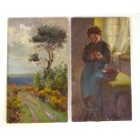 A pair of early to mid-20th century oils on board, landscape with path and lake in background,