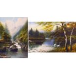 MILTON DRINKWATER; watercolour, mountainous river scene with figures on a footbridge, signed, 43.