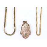 Two 9ct yellow gold chains, approx 14.9g, and a locket (3).