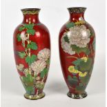 A pair of 20th century Japanese gimbari and cloisonné baluster vases decorated with blossoms on a