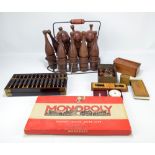 A mixed lot of collectors' items to include wooden ball and skittle set,